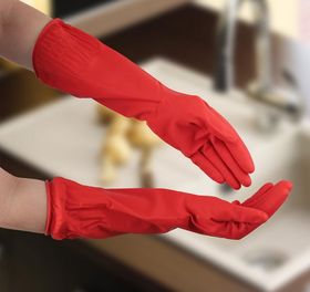 Перчатки хозяйственные резиновые, длинные манжеты, цвет красный
