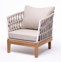 "Диего" кресло плетеное из роупа, основание дуб, каркас алюминий светло-серый (RAL7035) шагрень, роуп бежевый круглый, ткань бежевая 15052