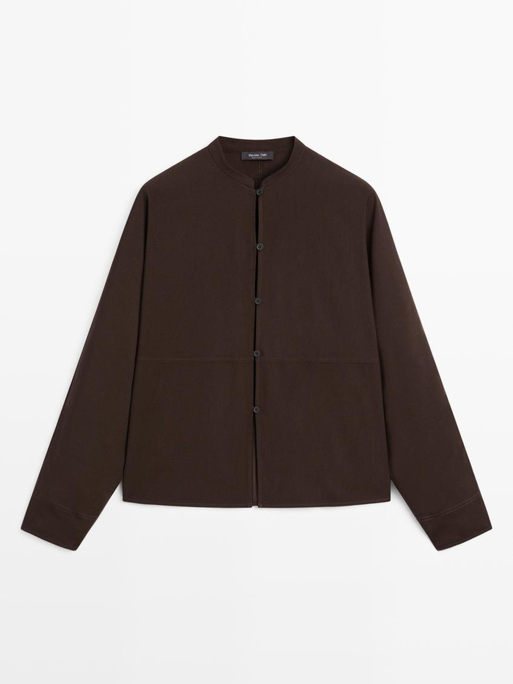 Massimo Dutti Рубашка с воротником-стойкой и декоративными швами спереди, коричневый