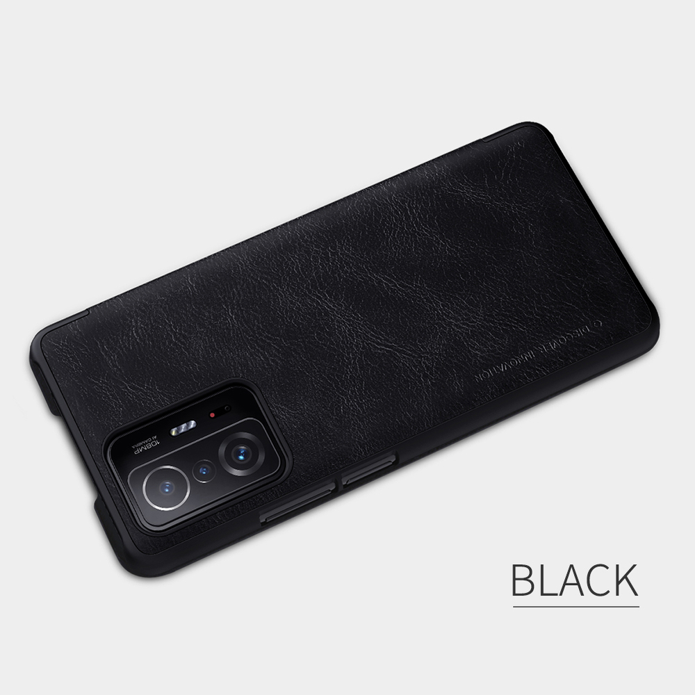 Кожаный чехол книжка от Nillkin для смартфона Xiaomi 11T и 11T Pro, черный цвет, серия Qin Leather