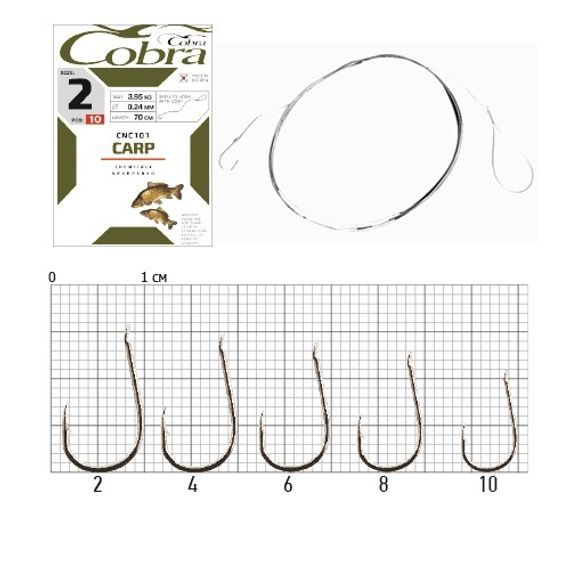 Крючки с поводком Cobra CARP №10, 10 шт. (поводок 70 см, 0,14 мм)