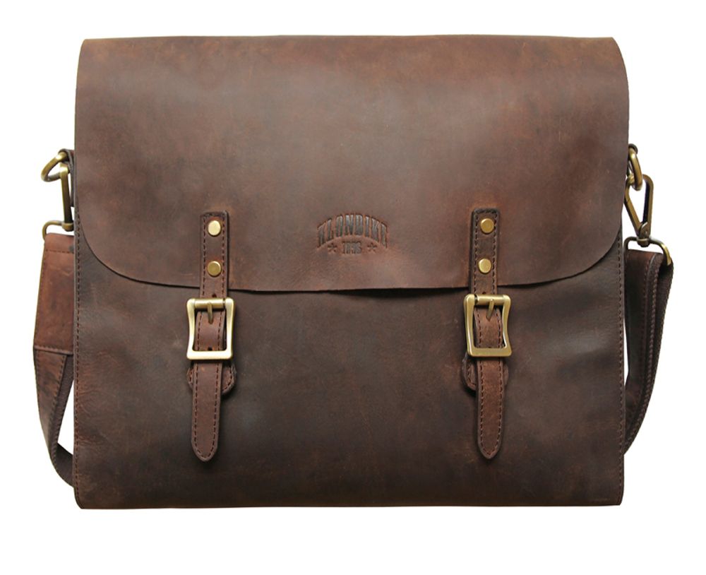 Большая мужская наплечная сумка тёмно-коричневая из высококачественной натуральной кожи со съемным ремнём на плечо, мягким отделением для ноутбука KLONDIKE «Brett»