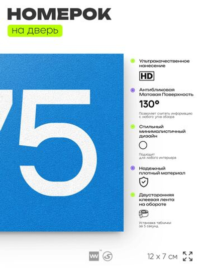 Номер на дверь 875, табличка на дверь для офиса, квартиры, кабинета, аудитории, склада, голубая 120х70 мм, Айдентика Технолоджи
