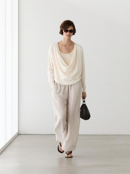 Massimo Dutti Свитер из смесового хлопка с драпированным вырезом, натуральный/кремовый