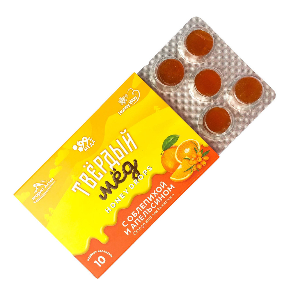 Карамель медовая твердый мёд, с облепихой и апельсином / 30г (Honey Way)