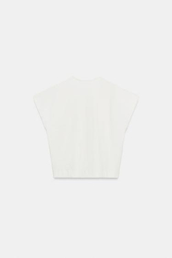 ZARA ФУТБОЛКА В СТИЛЕ РУСТИК С V-ОБРАЗНЫМ ВЫРЕЗОМ, ЖЕЛТОВАТО-БЕЛЫЙ