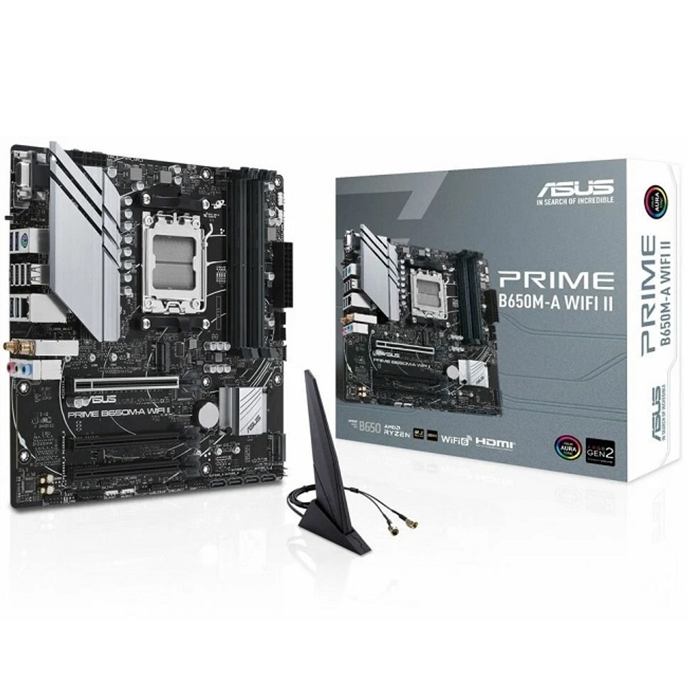 Материнская плата ASUS PRIME B650M-A WIFI II (AM5/AMD B650/4xDDR5/3xPCI-Ex16/2xM.2/SB7.1/Wi-Fi/BT/GLAN/DP/HDMI/VGA/mATX)
