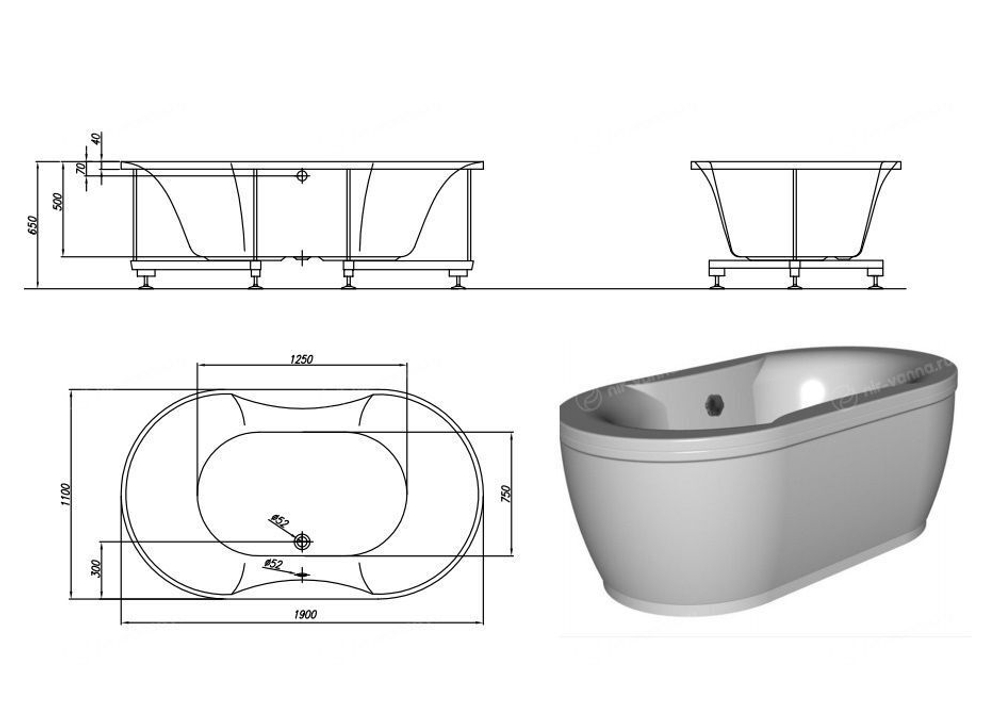 Ванна акриловая овальная  KOLPA-SAN GLORIANA 190*110, BASIS в комплекте с каркасом,