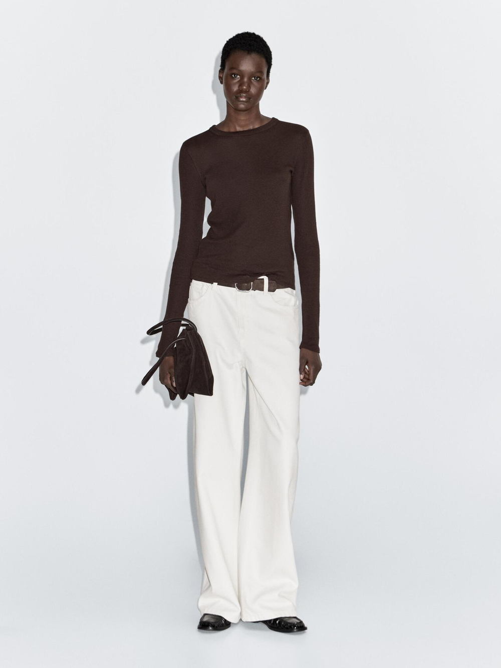 Massimo Dutti Футболка из смесового хлопка с длинными рукавами, пестро-коричневый