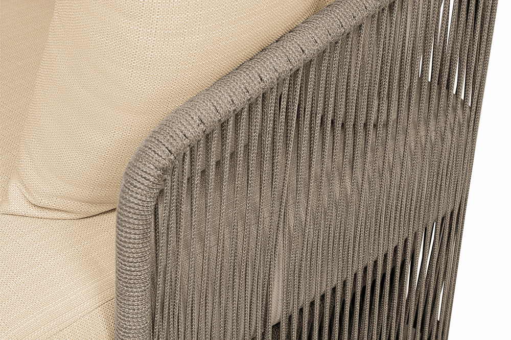 "Альбано" диван 3-местный плетеный из роупа, каркас алюминий светло-серый (RAL7035) муар, роуп серый меланж круглый, ткань Mossle светло-бежевая