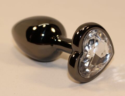 Чёрная анальная пробка с прозрачным стразом-сердцем - 8 см. (Цвет: прозрачный)