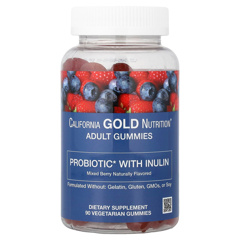 California Gold Nutrition, пробиотик с инулином в жевательных таблетках, с витамином C, фолатом, смесью экстрактов ягод и органическим инулином, с натуральным ягодным вкусом, 90 вегетарианских жевательных таблеток