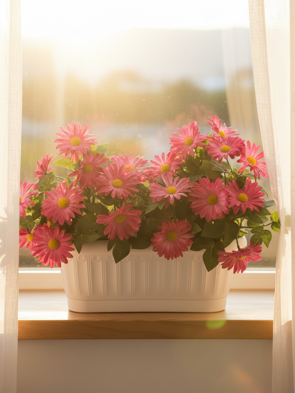 Хризантемы искусственные малиновые в балконном ящике