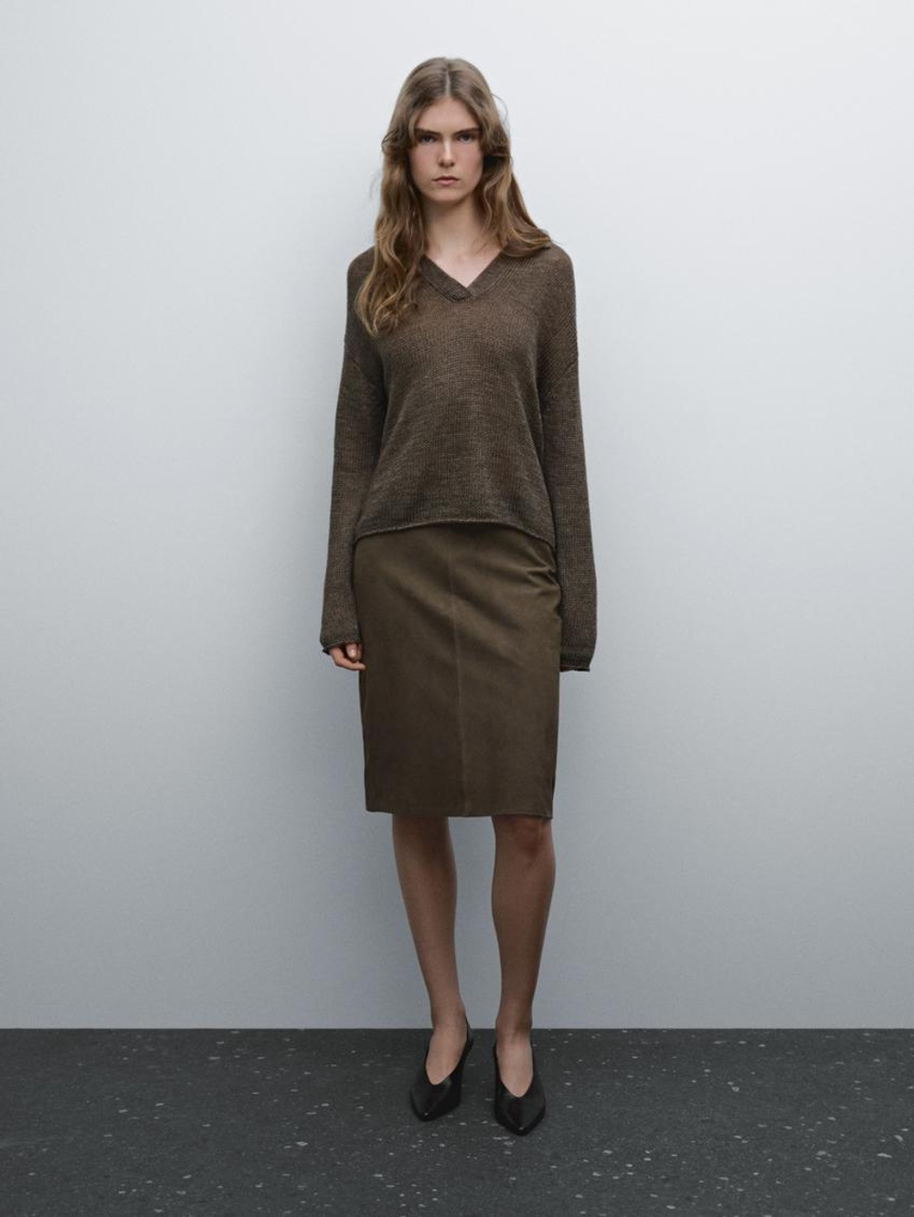 Massimo Dutti Свитер из 100% льна с воротником поло, зеленый