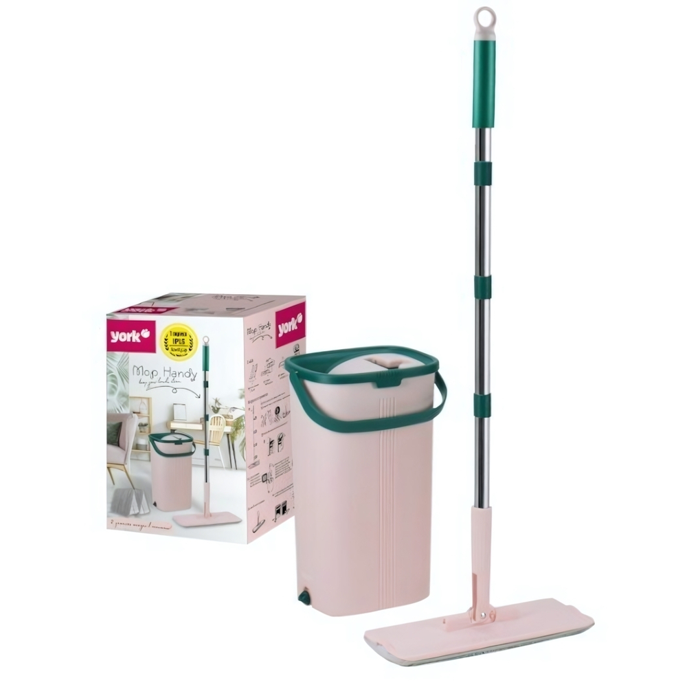 Набор для уборки Хэнди с отжимом ОДНОЙ РУКОЙ (ведро 10л с 2-мя емк, швабра с насадкой, запасная насадка) YORK