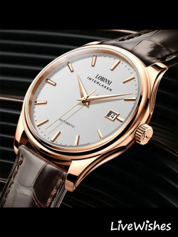 Часы наручные механические с автоподзаводом ПРЕМИУМ LOBINNI на кожаном ремешке, золотистый/коричневый W9680-01