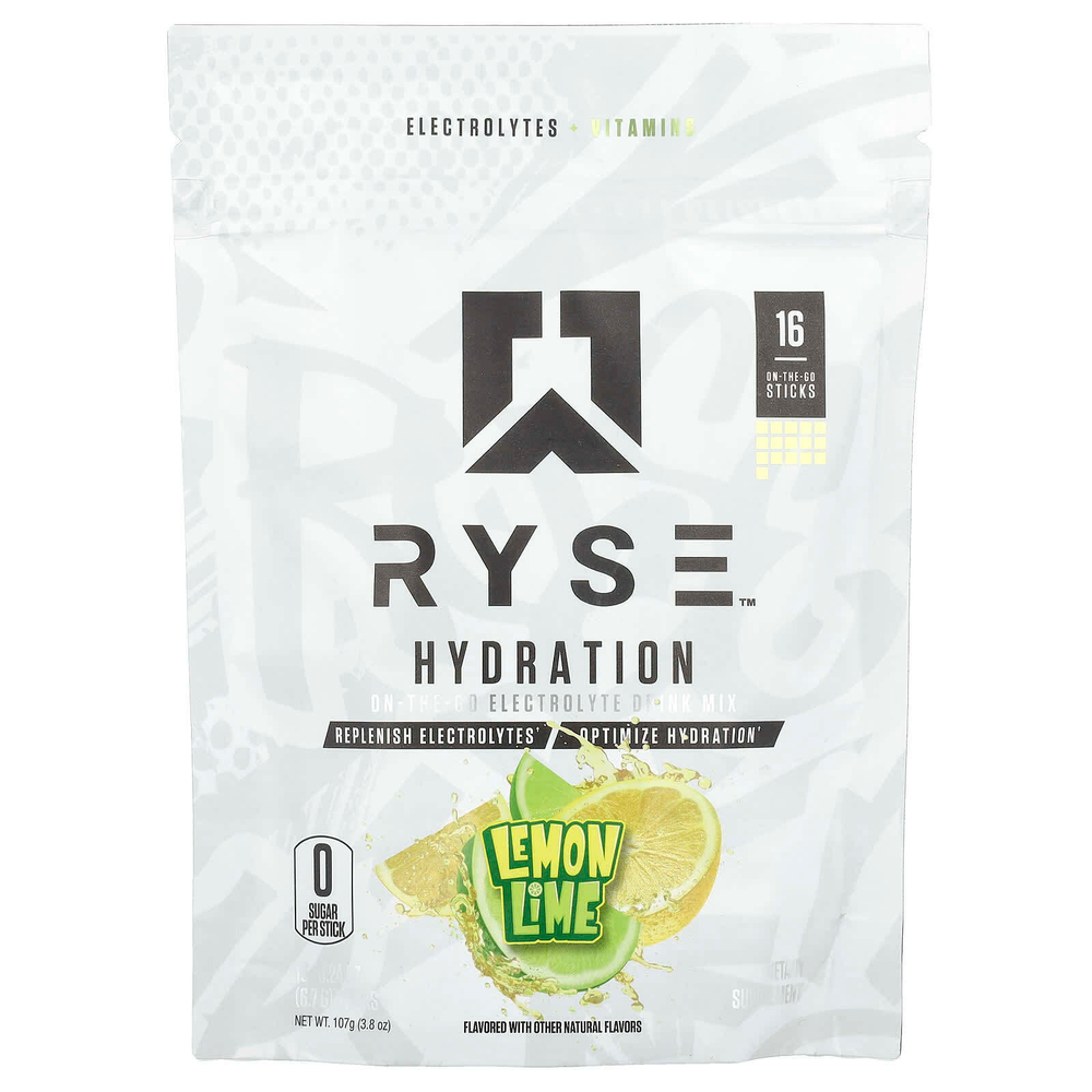 RYSE, Hydration, электролитная смесь для приготовления на вынос, лимон и лайм, 16 стиков по 6,7 г (0,24 унции)