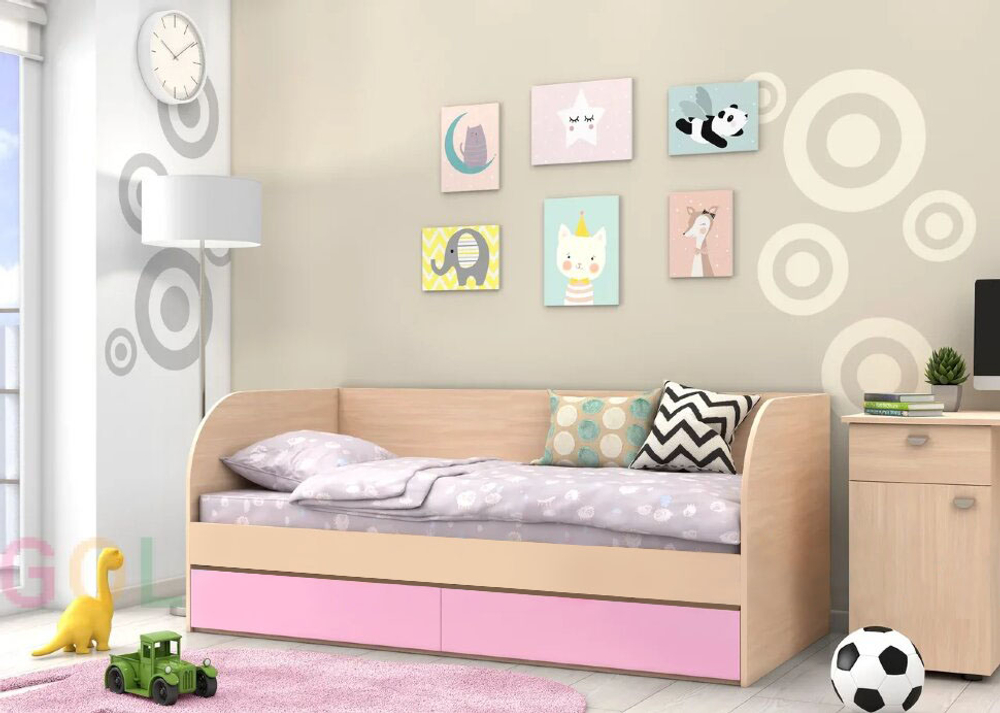 Односпальная кровать КарИВи Голден Кидс 7  Дуб Молочный Розовый