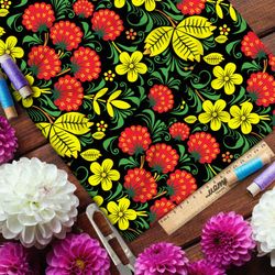 Ткань мембрана крупная хохлома на чёрном фоне