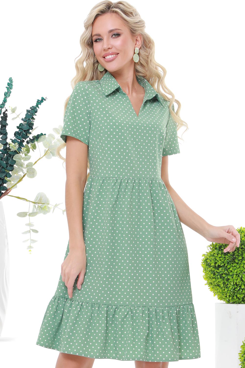Платье зеленое с оборками в горошек DStrend (Акция)