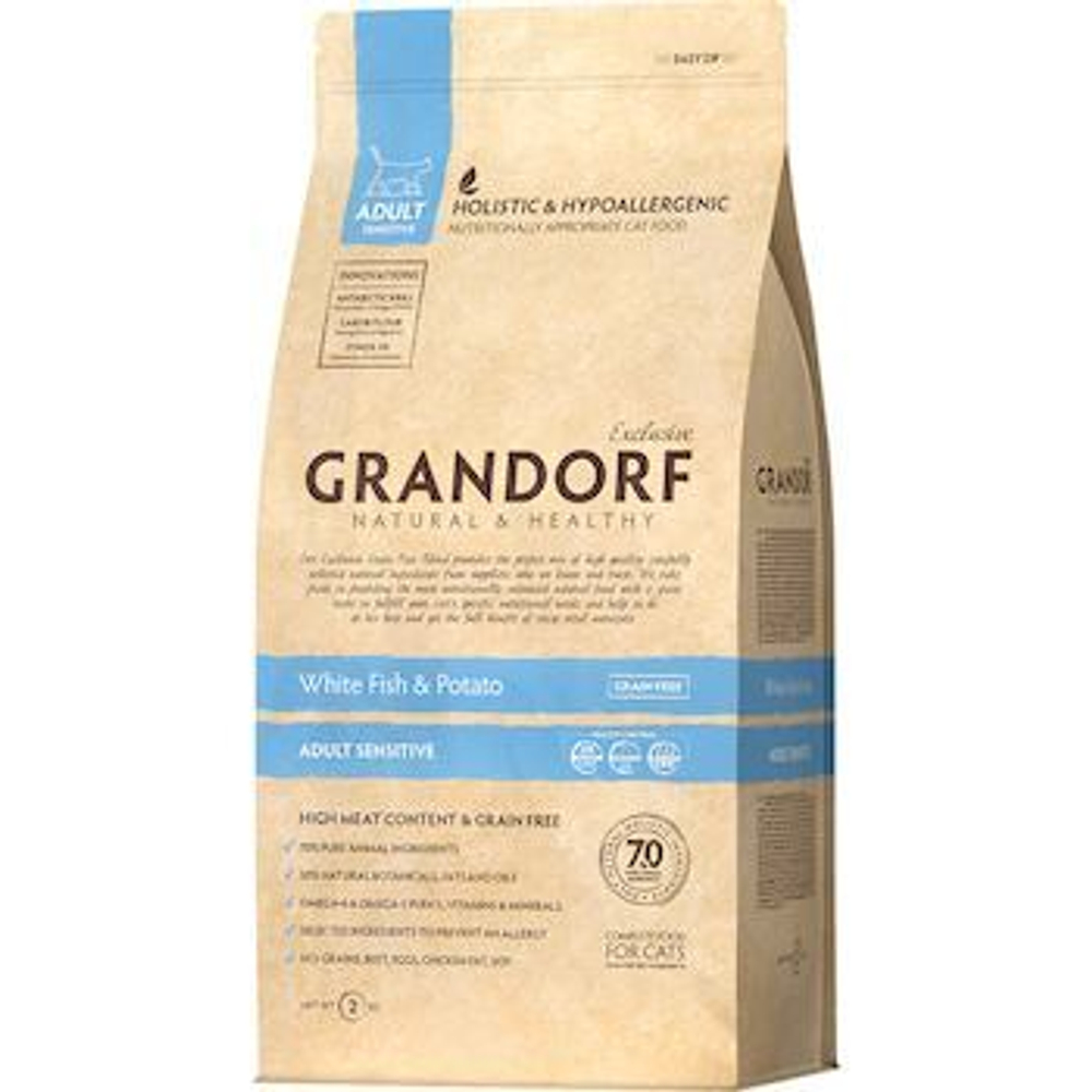 Grandorf 2кг White Fish & Turkey Skin & Coat Care Holistic для кошек, забота о коже и шерсти, белая рыба с индейкой