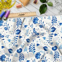 Ткань дюспо редкая гжель на белом фоне