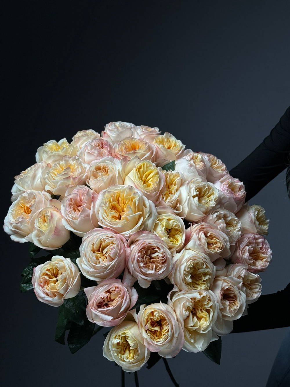 Букет из 35 персиковых пионовидных роз под ленту