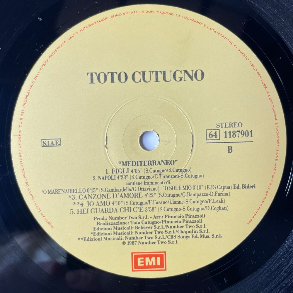 Винтажная виниловая пластинка LP Toto Cutugno Mediterraneo (Италия 1987)