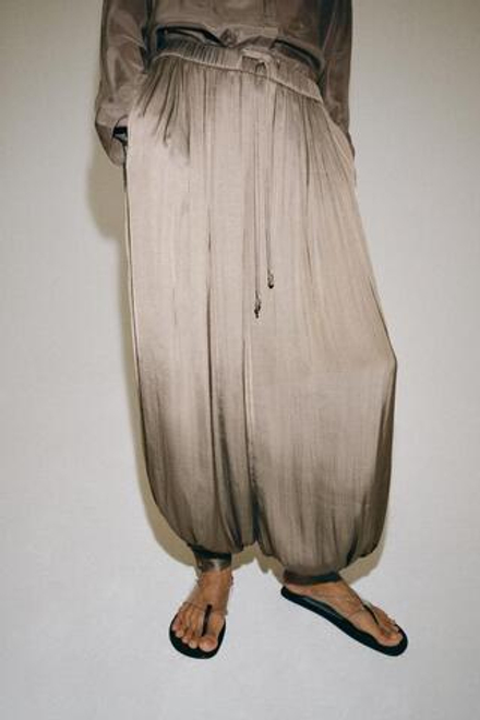 ZARA АТЛАСНЫЕ БРЮКИ-БАЛЛОНЫ — ZW COLLECTION, СЕРО-КОРИЧНЕВЫЙ