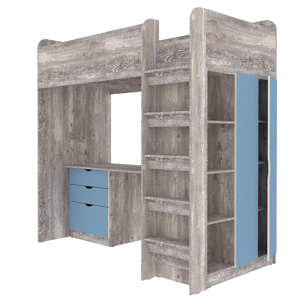 Кровать-чердак КарИВи Polini Simple с письменным столом и Шкаф КарИВиом Бетон Светло-синий, голубой