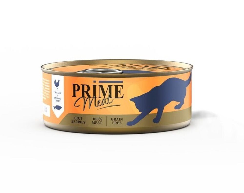 PRIME MEAT 100г ж/б Влажный корм для кошек Курица с лососем, филе в желе