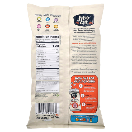 LesserEvil, Попкорн, белый чеддер, 130 г (4,6 унции)