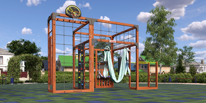 Детская площадка Савушка КУБ-2 (Махагон) с гамаком для йоги