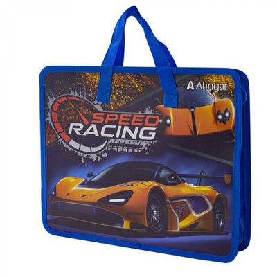 Папка с ручками 1 отделение, А4 265х335х90мм, Alingar, пластик, ручки тесьма, дизайн с двух сторон, молния сверху, "Speed Racing"