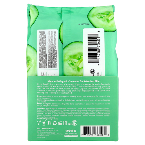 Petal Fresh, очищающие салфетки для снятия макияжа, освежающий огурец, 60 салфеток