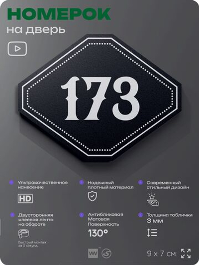 Номерок на дверь квартиры 173, для кабинета, офиса, шильдик 9 х 7 см, черный, Айдентика Технолоджи