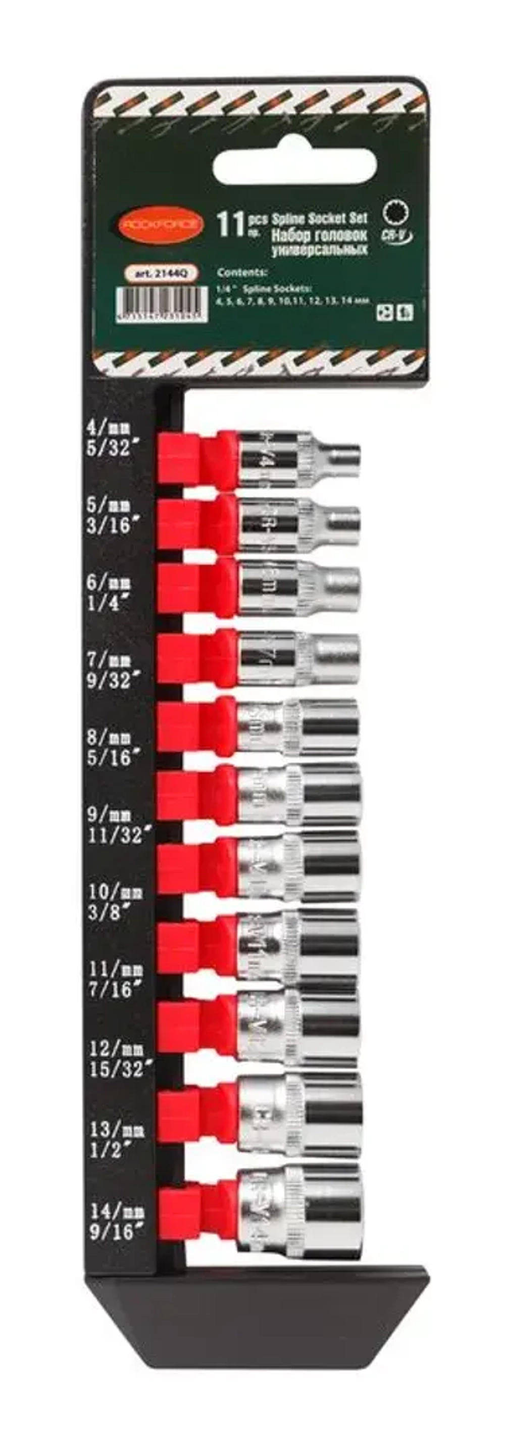Набор головок универсальный профиль 11пр.,1/4''(4-14мм-5/32'',3/16'',1/4'',9/32'',5/16'',11/32'',3/8'',7/16'',15/32'',1/2'',9/16''), на пластиковом де RockForce##Rock FORCE RF-2144Q