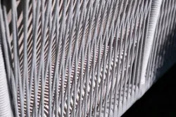 "Канны" диван 2-местный плетеный из роупа, каркас алюминий белый муар, роуп светло-серый круглый, ткань серая 017