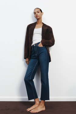 ZARA ДЖИНСЫ TRF CROPPED FLARE С ВЫСОКОЙ ПОСАДКОЙ, ТЕМНО-СИНИЙ