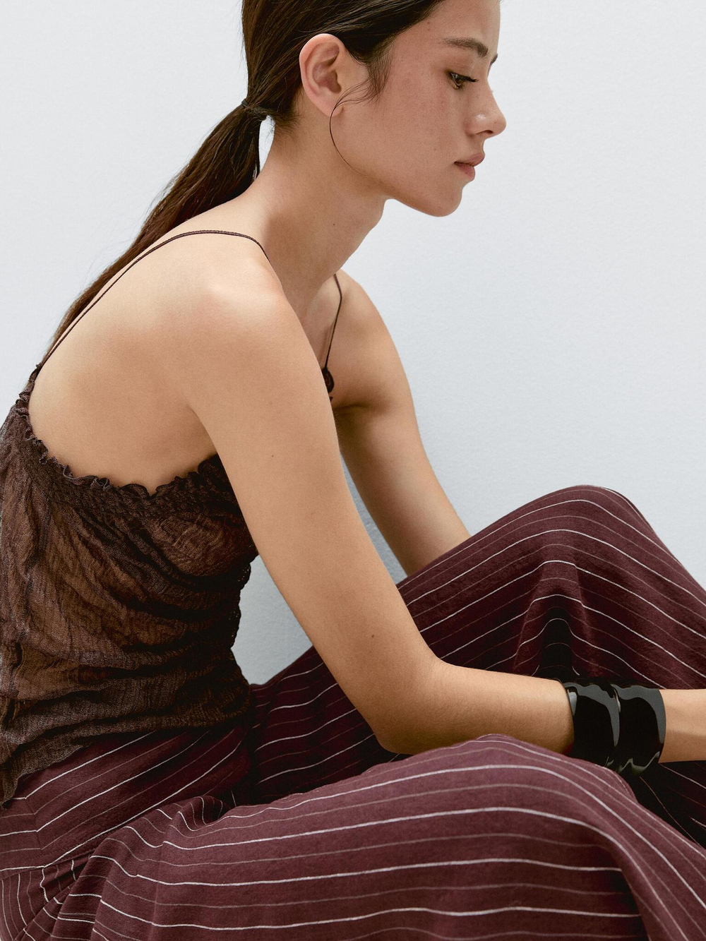 Massimo Dutti Льняные брюки с широкими штанинами и высокой посадкой, бургундский