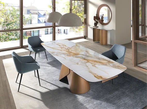 Раздвижной обеденный стол 1176 с столешницей из керамики  и основанием из бронзовой стали