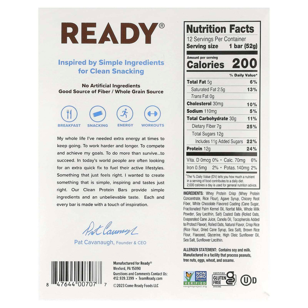 Ready, Clean Protein Bar, ваниль, 12 батончиков, 52 г (1,83 унции)