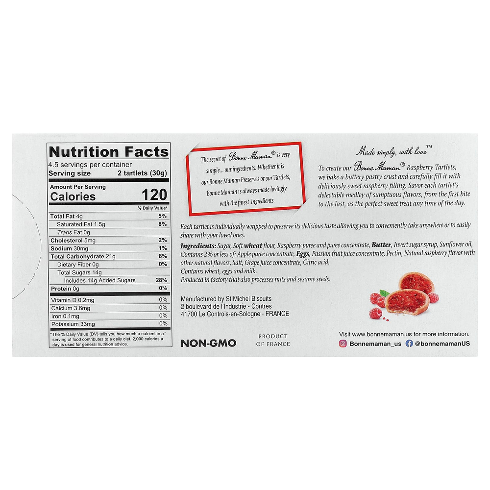 Bonne Maman, Тарталетки, малиновые, 9 тарталеток, по 15 г (0,53 унции)