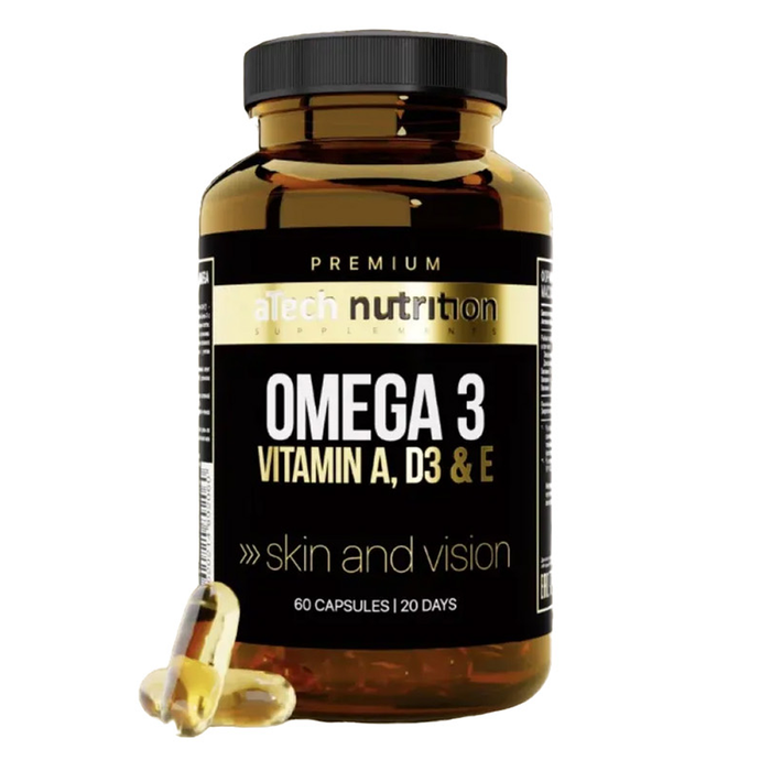 Комплекс Омега 3+ Витамины А, Д3 и Е, Omega 3+ Vitamin A, D3 &amp; E, aTech Nutrition Premium, 60 желатиновых капсул
