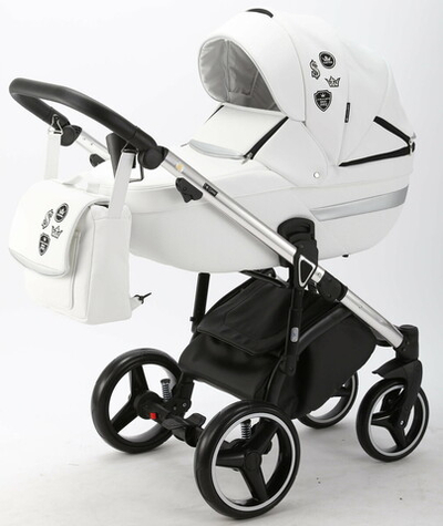 Детская коляска Adamex Cortina Deluxe 3 в 1 CT301 (БЕЛ.КОЖА+СЕРЕБ.ОТДЕЛКА+ ХРОМ РАМА)