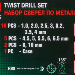 Набор сверел по металлу,100пр.(1,2,2.5,3,3.2,3.5,4-по 10шт,4.5,5,5.5,6,6.5-по 5шт,8,10-по 2шт)в кейсе RockForce RF-924U100