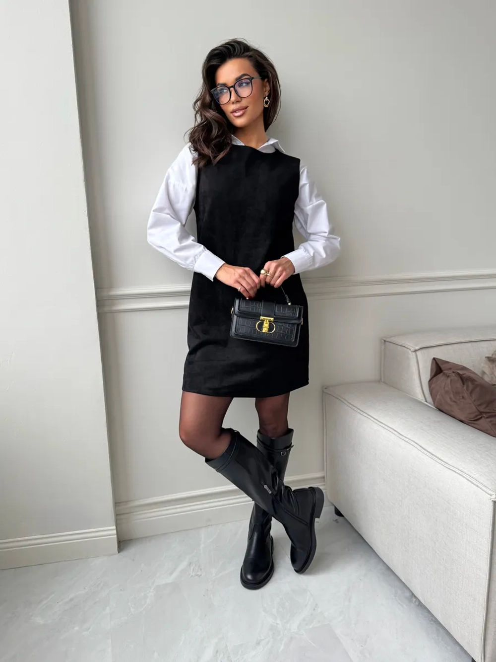 Платье сарафан праздничное офисное замшевое А силуэт