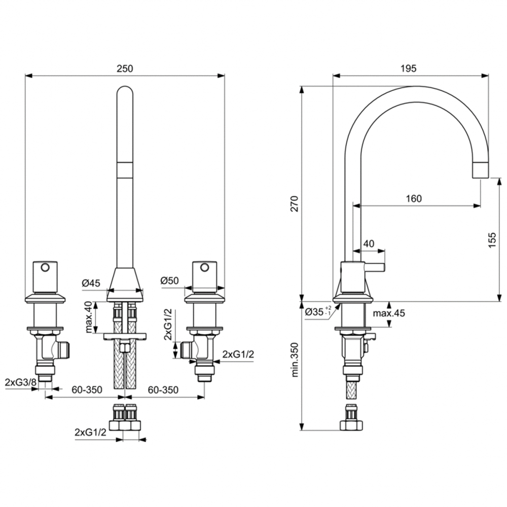 Двурукоятковый смеситель Ideal Standard CERALINE BC196AA для умывальника