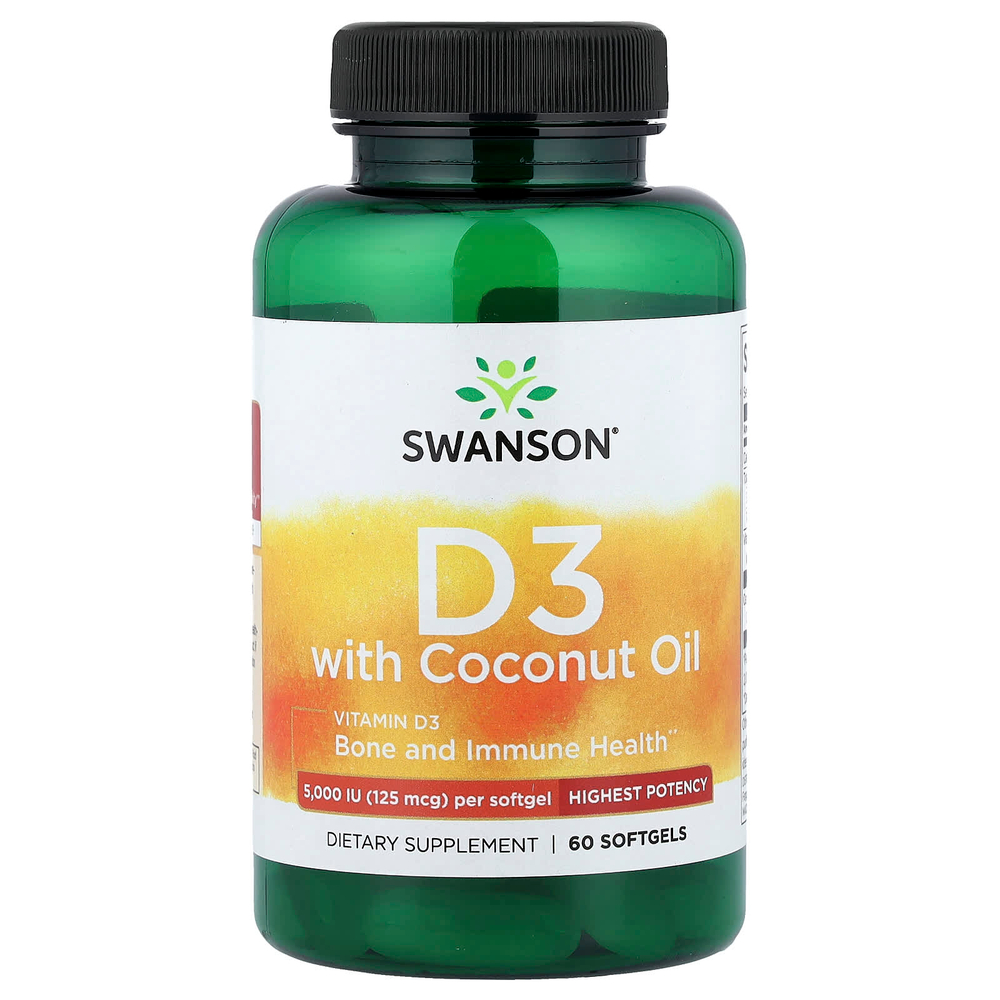 Swanson, витамин D3 с кокосовым маслом, максимальная эффективность, 60 мягких таблеток