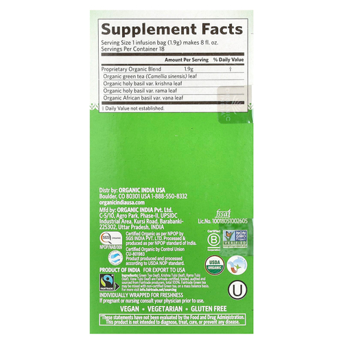 Organic India, Зеленый чай с тулси, 18 пакетиков, 34,2 г (1,21 унции)